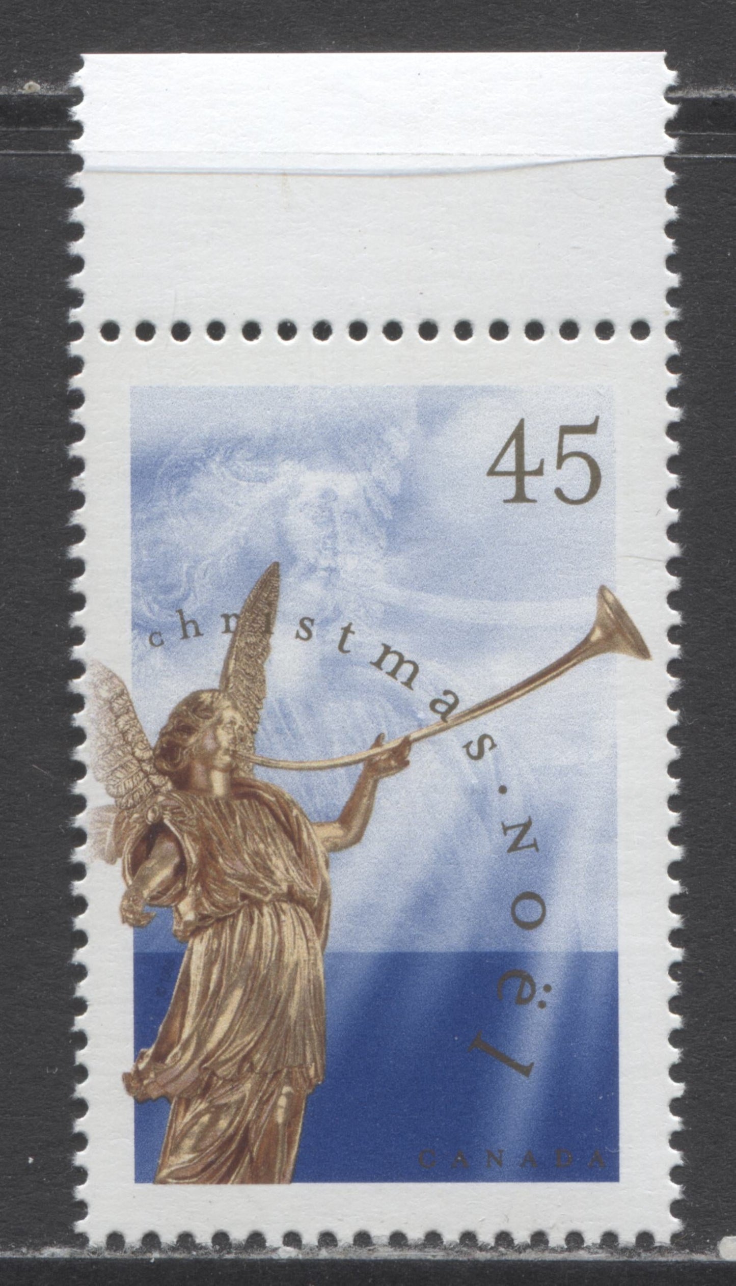 Lot 253 Canada #1764b 45c Multicolored (Blue) Angel Of The Last Judgement, 1998 Christmas Issue, A VFNH Single Showing The Rare Perf 13.1 x 13.6, Fewer Than 500 Exist