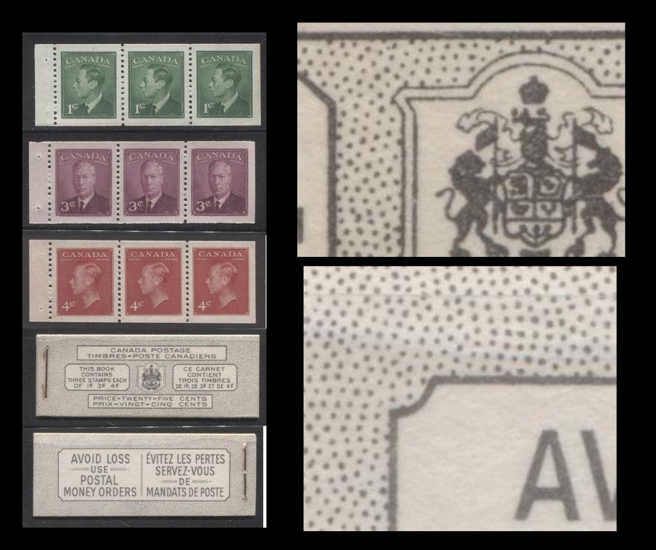 Lot 253C Canada #BK43b 1949-1953 Postes-Postage Issue Complete 25c Bilingual Booklet Containing 1 Pane of 3 of Each of the 1c Green, 3c Rose Purple and 4c Carmine King George VI, Harris Front Cover Type VIe, Back Cover Liii, No Rate Page