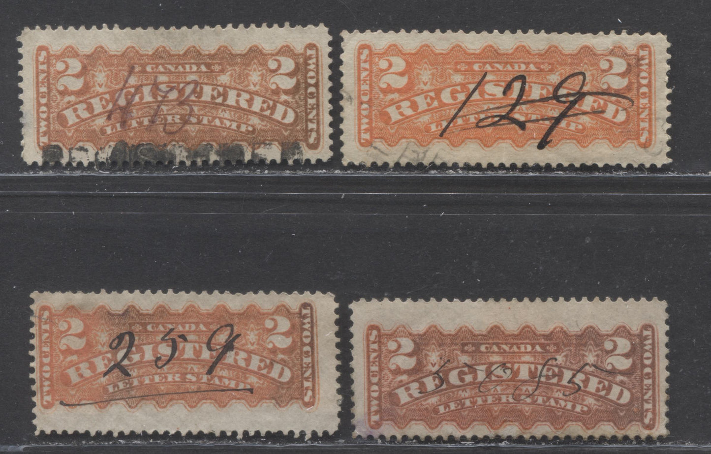 Lot 254 Canada #F1i 2c Orange Red, 1875-1896 Registered Issue, 4 Fine/Very Fine Used Singles Showing Different Manuscript Numeral Cancels, Shades & Papers, Montreal Printings