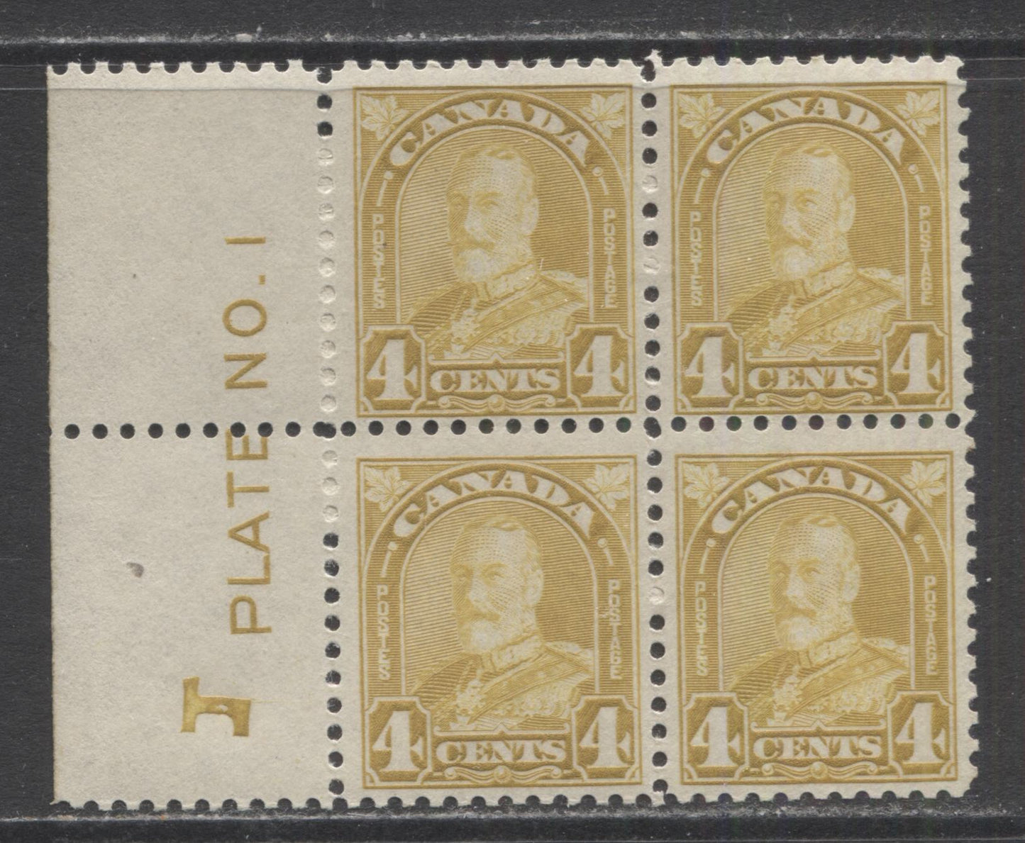 Lot 255 Canada #168 4c Yellow Bistre King George V, 1930-1931 Arch/Leaf Issue, A FNH Reversed/Inverted Left Plate 1 Block Of 4 With Deep Cream Gum