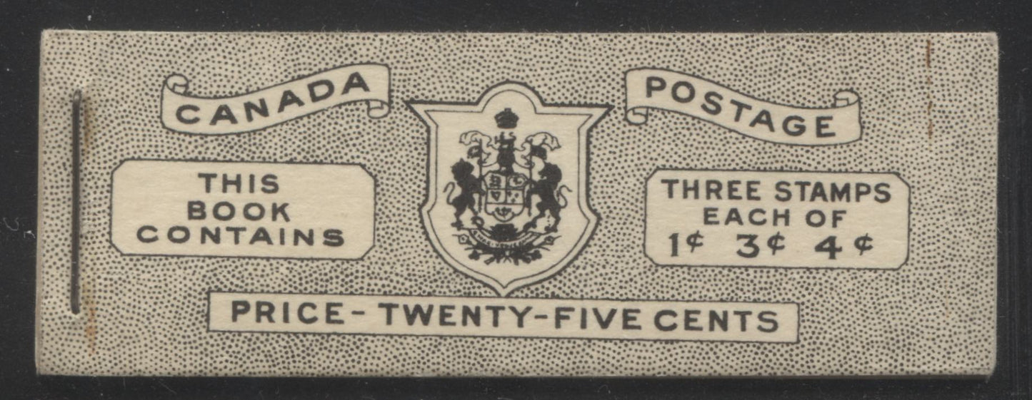 Lot 256 Canada #BK38a 1942-1949 War Issue Complete 25c, English Booklet Containing 1 Pane Each of 3 of 1c Green, 3c Rose-Purple and 4c Carmine Red, Harris Front Cover Type IVa , Back Cover Haiv, 7c & 6c Rate Page