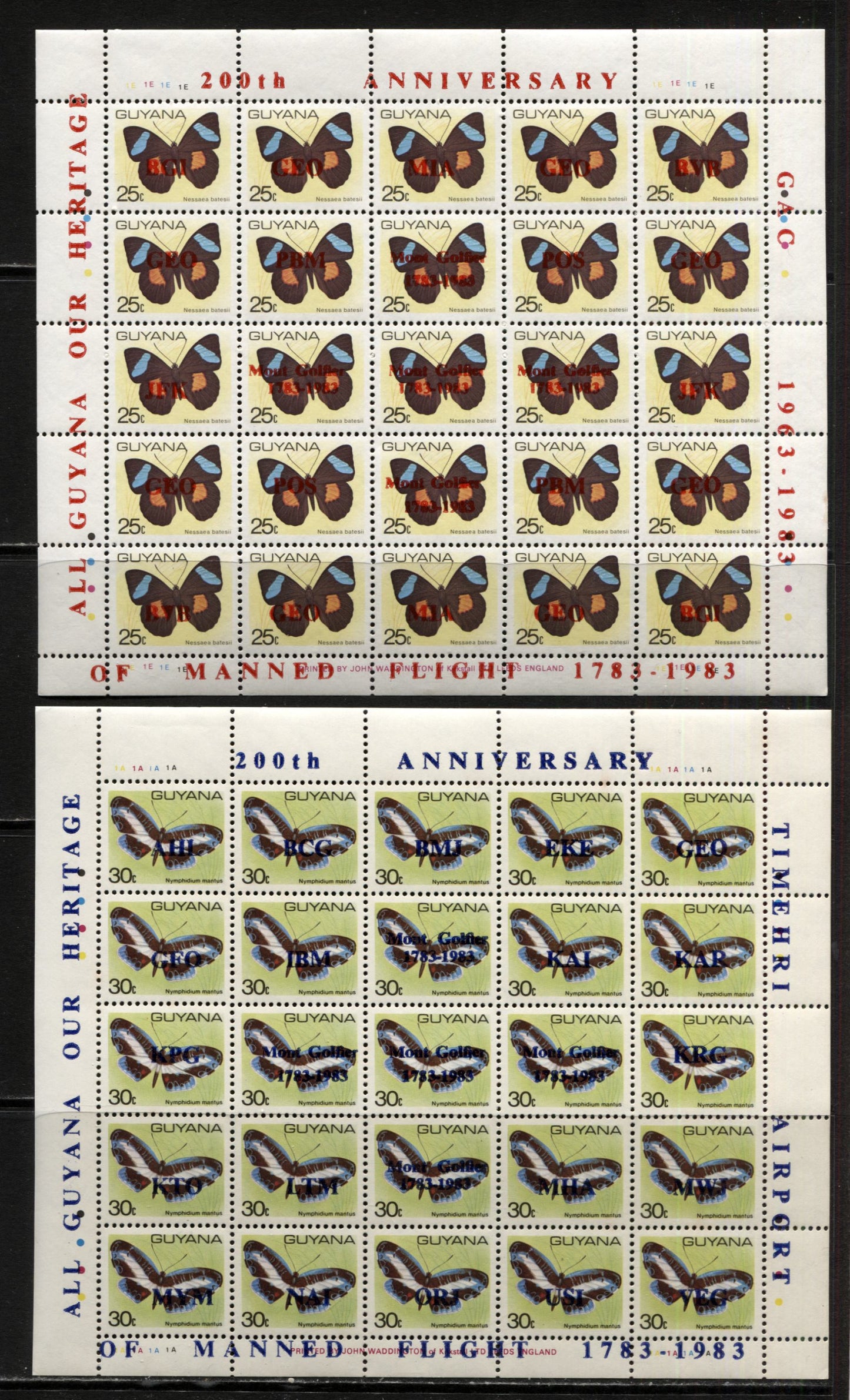 Lot 255 Guyana SC#668-670 1983 Manned Flight Overprints on Butterfly Defintives, A VFNH Range Of Sheets Of 25, 2017 Scott Cat. $15 USD, Click on Listing to See ALL Pictures