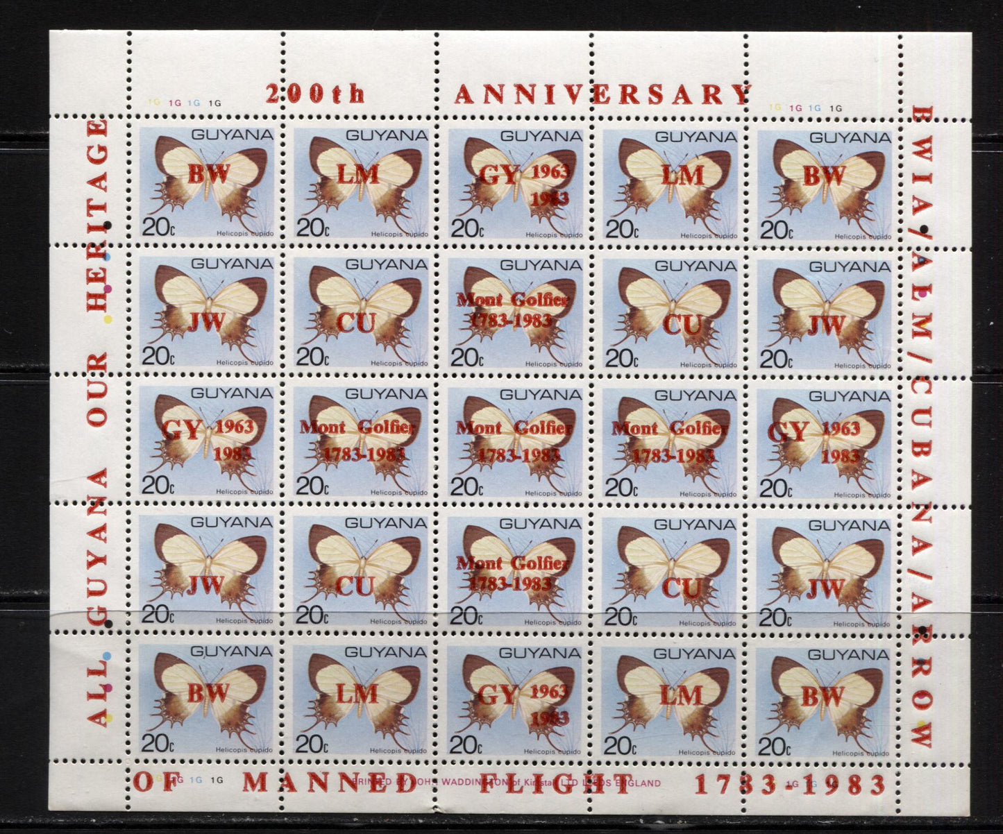 Lot 255 Guyana SC#668-670 1983 Manned Flight Overprints on Butterfly Defintives, A VFNH Range Of Sheets Of 25, 2017 Scott Cat. $15 USD, Click on Listing to See ALL Pictures