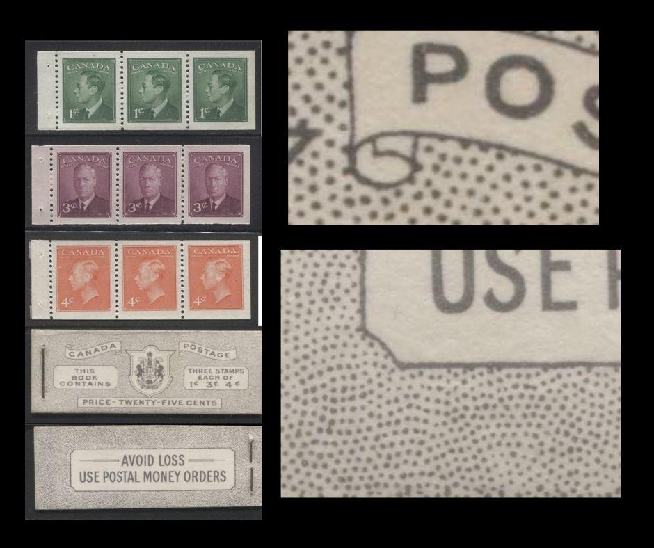 Lot 323 Canada #BK44 1949-1953 Postes-Postage Issue Complete 25c English Booklet Containing 1 Pane of 3 of Each of the 1c Green, 3c Rose Purple and 4c Orange King George VI Harris Front Cover Type IVb , Back Cover Ii