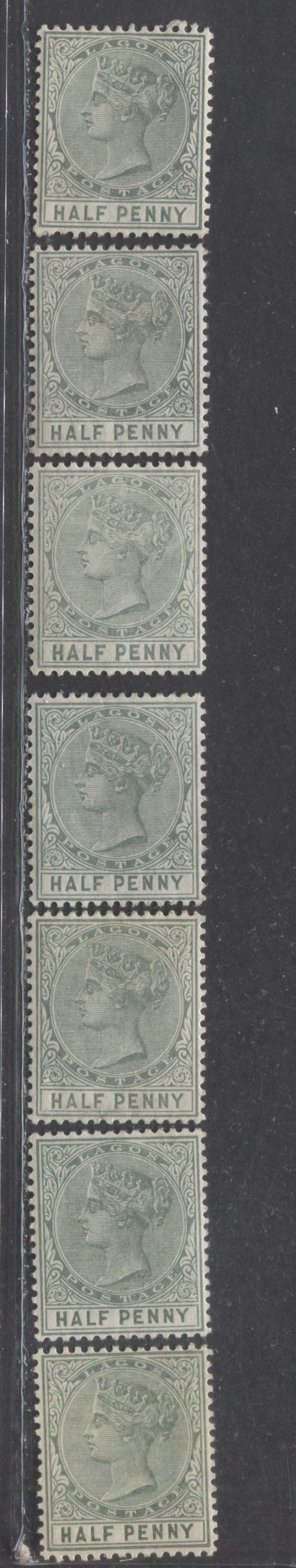 Lot 256 Lagos SG#21 (SC#13) 1/2d Green, Queen Victoria, 1884-1886 Second Crown CA Watermarked Issue, A Mint Group of 7 Different Printings, Likely Between 1897 and 1900, 2022 Scott Classic Cat. $15.75 USD For The Common Printings