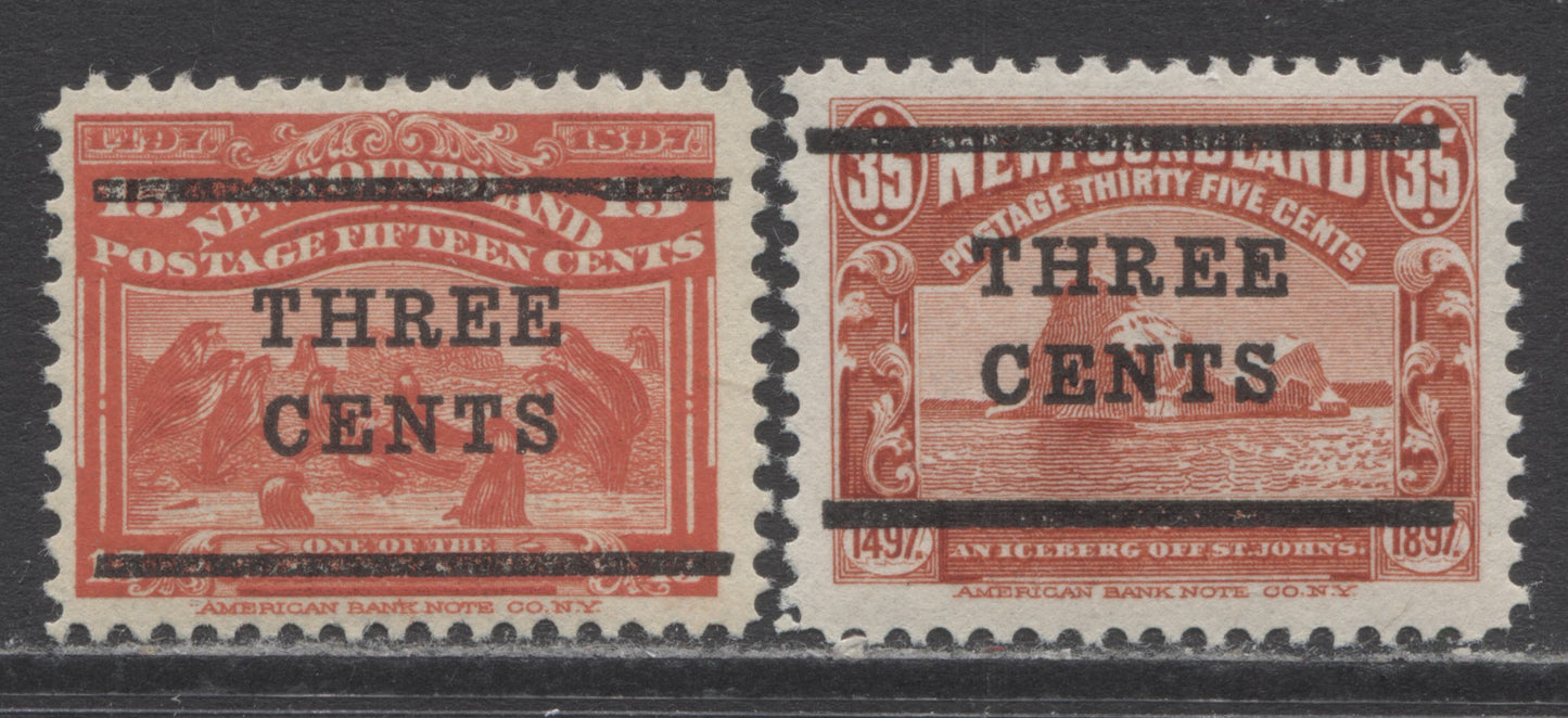 Lot 256 Newfoundland #129-130 3c On 15c & 3c On 35c Scarlet & Red Seals & Iceberg, 1920 Surcharge Issue, 2 Fine NH and VFNH Singles With Type II Surcharge Bars on the 15c