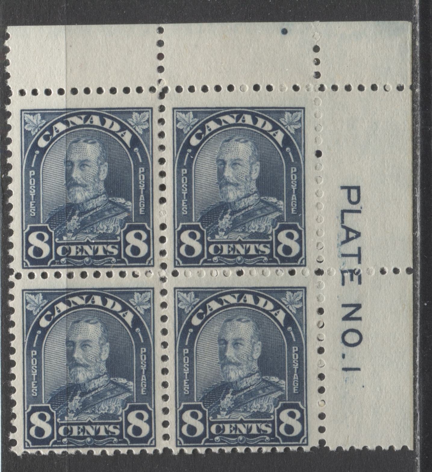 Lot 256A Canada #171 8c Dark Blue King George V, 1930-1931 Arch/Leaf Issue, A FNH UR Plate 1 Block Of 4 With Cream Gum