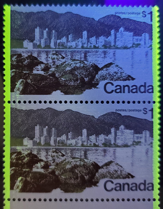 Canada #599iiivar $1 Multicolored Vancouver, 1972 Landscape Definitives, A VFNH Plate Pair On DF/LF-fl Blue Gray With Sparse LF & WP Fibers, Ghost Tag Bar At Left Side