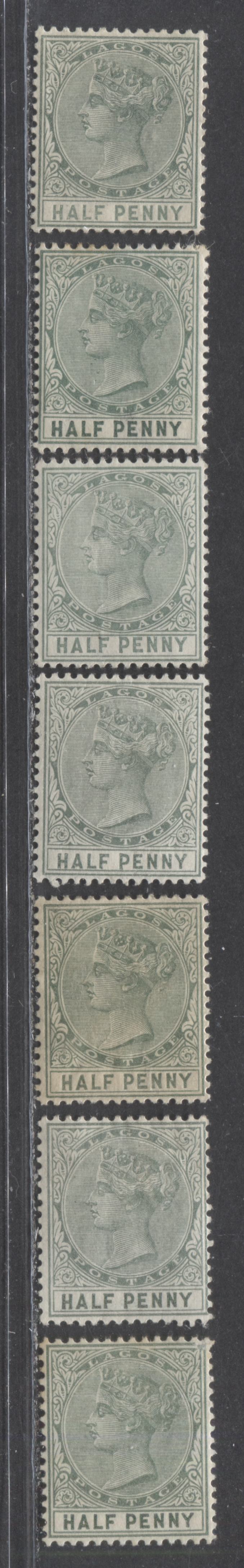 Lot 257 Lagos SG#21 (SC#13) 1/2d Green, Queen Victoria, 1884-1886 Second Crown CA Watermarked Issue, A Mint Group of 7 Different Printings, Likely Between 1894 and 1898, 2022 Scott Classic Cat. $15.75 USD For the Commonest Printings