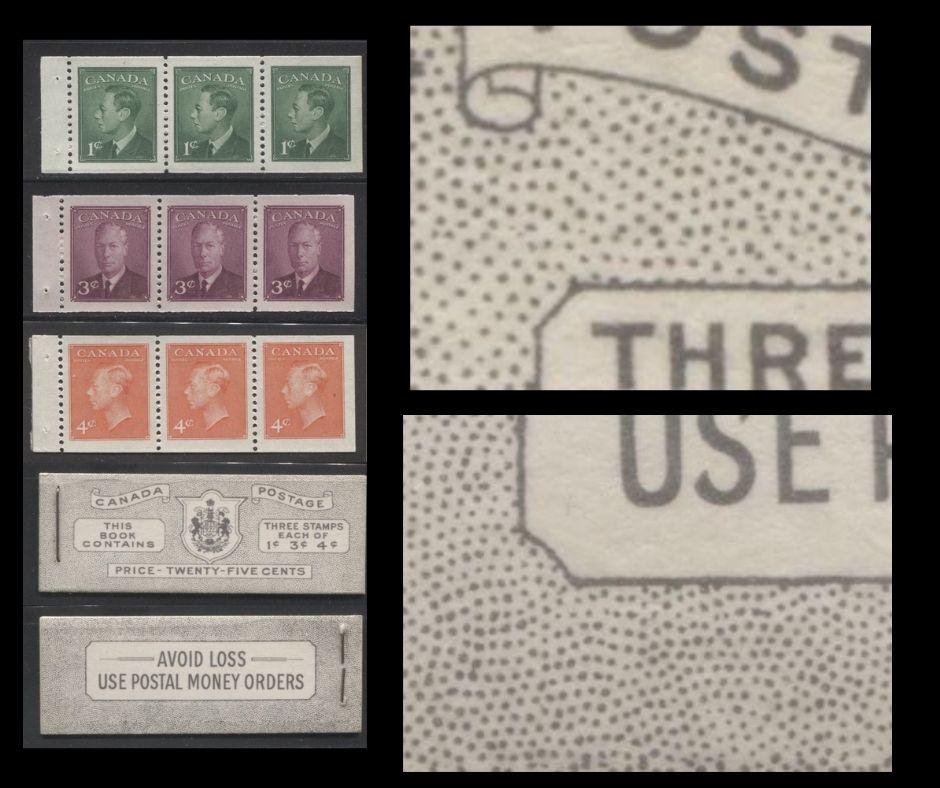 Lot 322 Canada #BK44 1949-1953 Postes-Postage Issue Complete 25c English Booklet Containing 1 Pane of 3 of Each of the 1c Green, 3c Rose Purple and 4c Orange King George VI Harris Front Cover Type IVc , Back Cover Ii