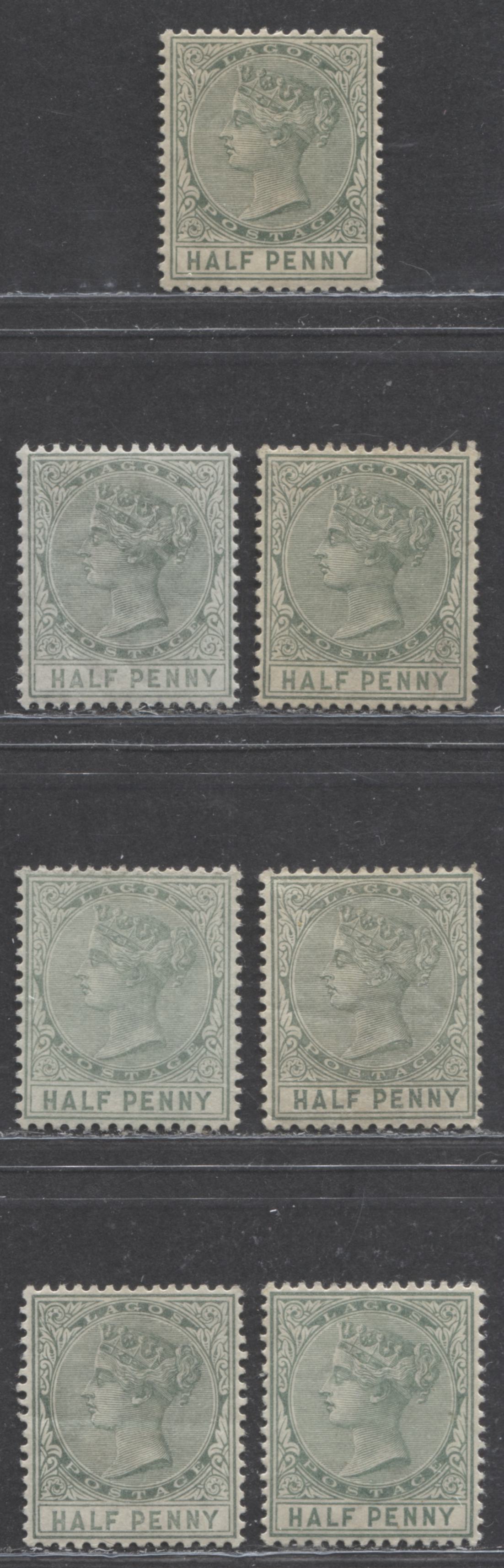 Lot 258 Lagos SG#21 (SC#13) 1/2d Green, Queen Victoria, 1884-1886 Second Crown CA Watermarked Issue, A Mint Group of 7 Different Printings, Likely Between 1887 and 1894, 2022 Scott Classic Cat. $15.75 USD For The Common Printings