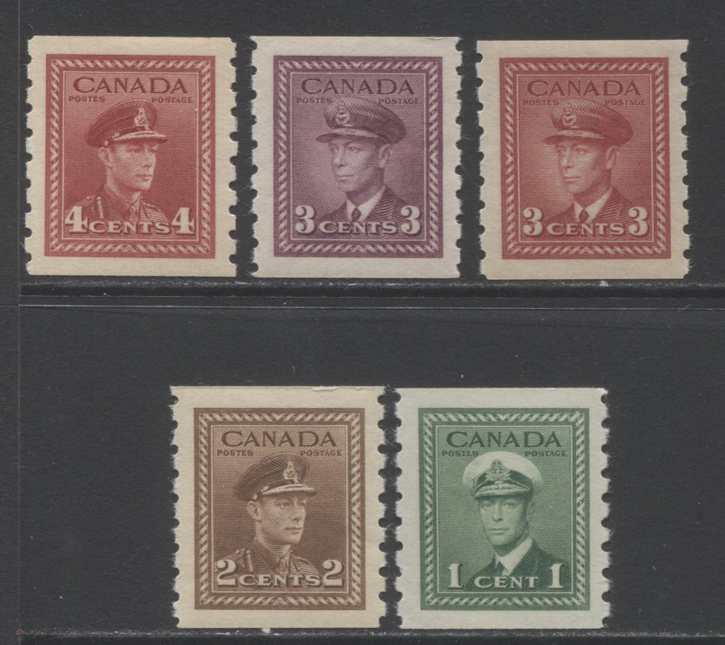 Lot 259 Canada #263-267 1c - 4c Green King George VI, 1942-1943 War Issue Coils, 5 VFNH Singles With Different Papers & Gums, Perf 8 Vertical