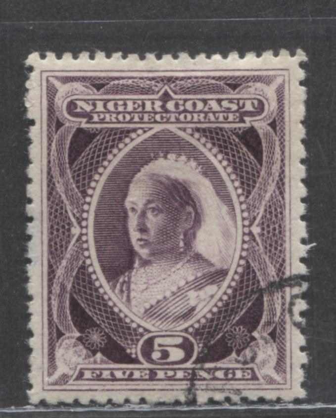 Lot 259 Niger Coast SC#59(SG#70b) Five Pence Red Violet 1897 - 1898 Watermarked Issue, Perf 13.5 - 14, Comp 12 - 13, A Very Fine Used Example, Click on Listing to See ALL Pictures, Estimated Value $200 USD