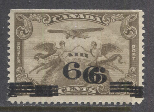 Lot 259 Canada #C3c 6c on 5c Brown Olive, Surcharged 1932 Air Mail Issue, A Fine OG Top Sheet Margin Single With Triple Surcharge
