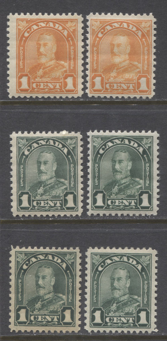 Lot 260 Canada #162-163b 1c Orange & Deep Green King George V, 1930-1935 Arch/Leaf Issue, 6 VFNH Singles, Different Shades, Dies 1 & 2
