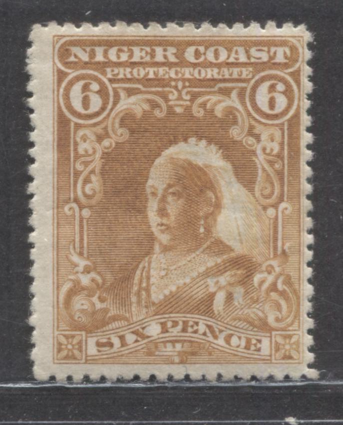 Lot 260 Niger Coast SC#60(SG#71a) Six Pence Yellow Brown 1897 - 1898 Watermarked Issue, Perf 13.5 - 14, A Fine OG Example, Click on Listing to See ALL Pictures, 2022 Scott Classic Cat. $8 USD