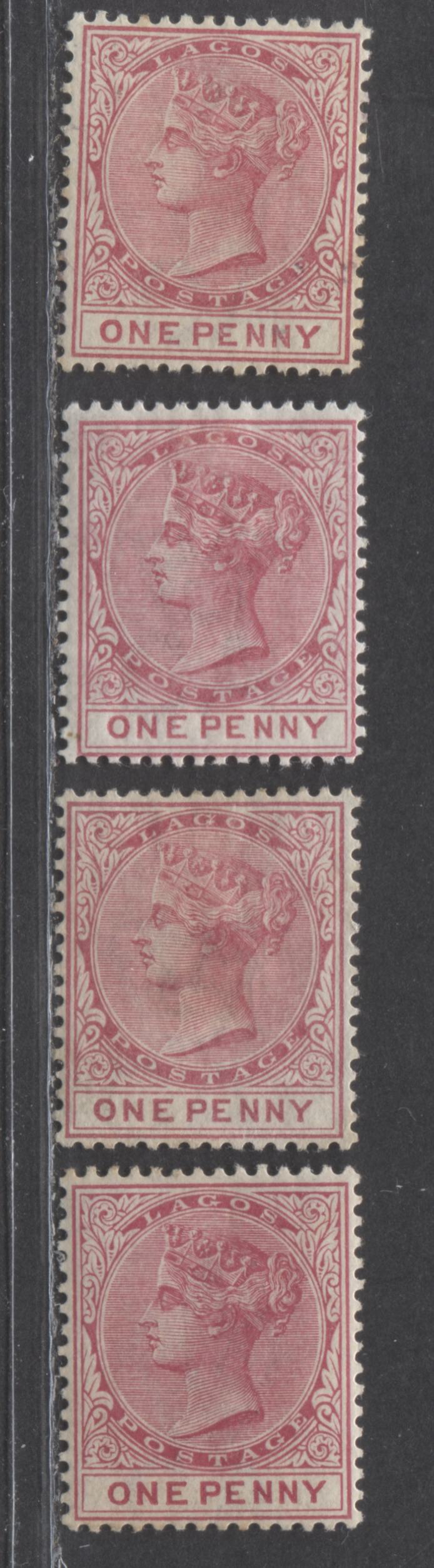 Lot 260 Lagos SG#22 (SC#15) 1d Carmine, Queen Victoria, 1884-1886 Second Crown CA Watermarked Issue, A Mint Group of Four Early Printings, Likely Pre-1886, 2022 Scott Classic Cat. $9 For the Commonest Printings, Est. $20