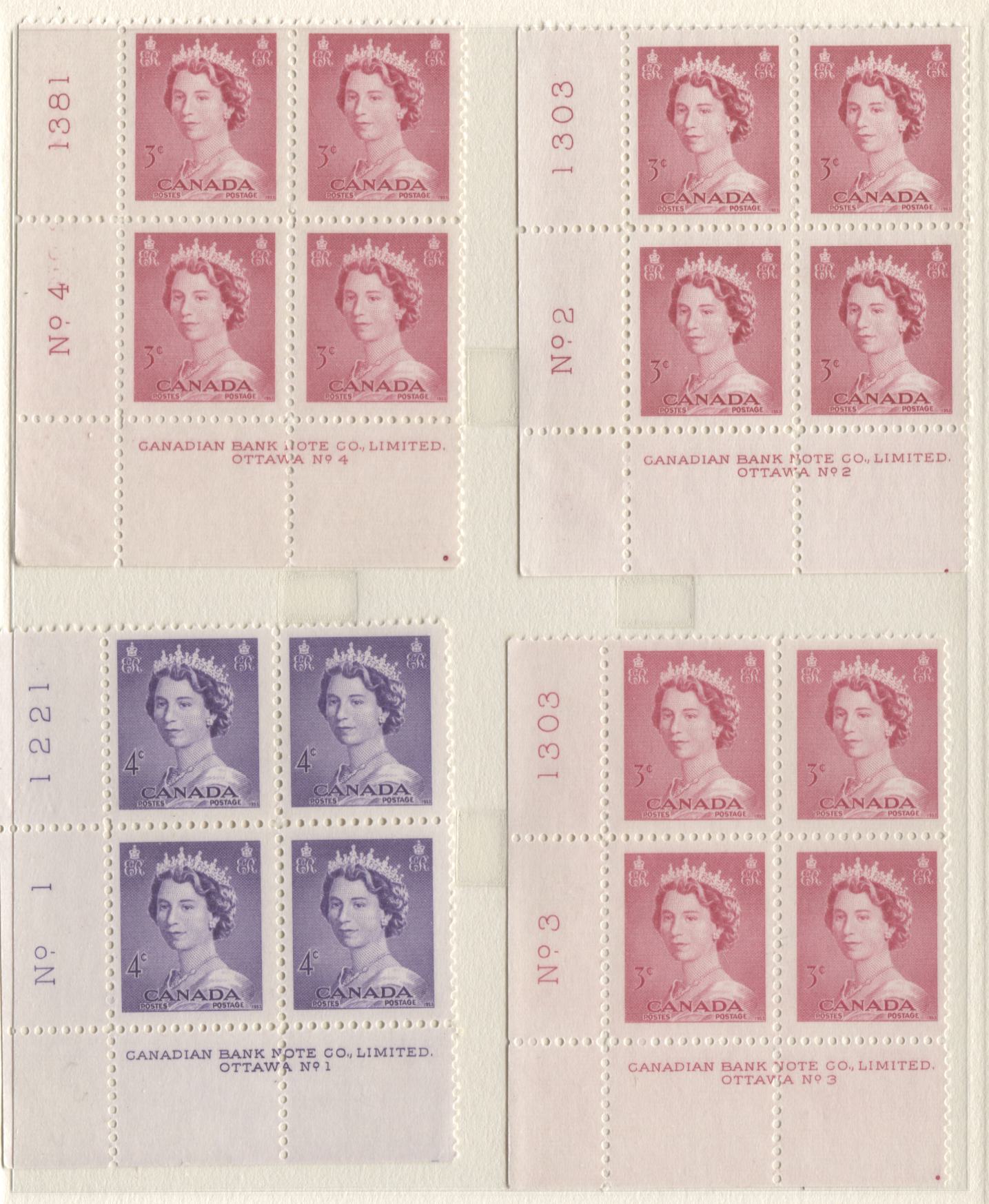 Lot 26 Canada #327-328 3c & 4c Carmine Rose & Violet Queen Elizabeth II, 1953 Karsh Issue, 4 VFNH LL Plates 1-4 Blocks Of 4