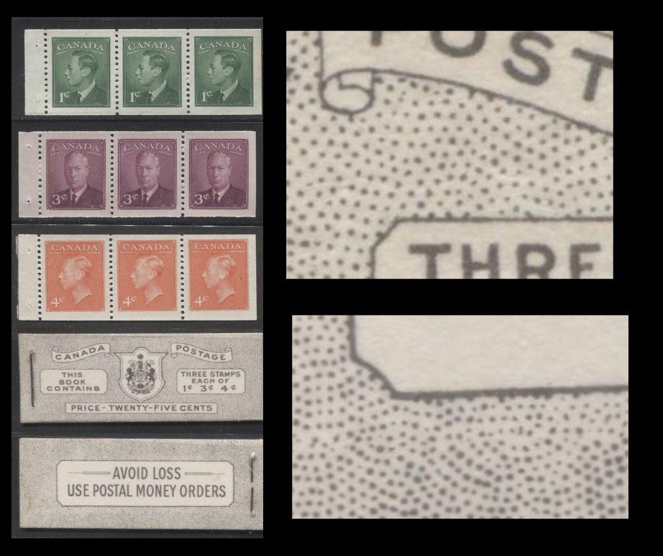 Lot 409 Canada #BK44 1949-1953 Postes-Postage Issue Complete 25c, English Booklet Containing 1 Pane of 3 of Each of the 1c Green, 3c Rose Purple and 4c Orange King George VI Harris Front Cover Type IVd , Back Cover Iiii
