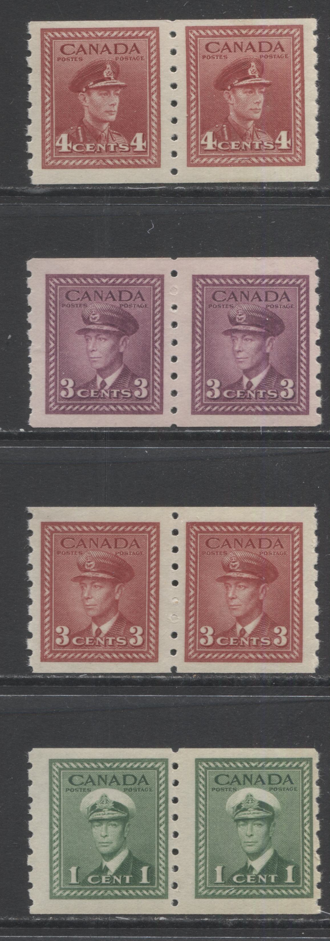 Lot 261 Canada #263, 265-267 1c-4c Green - Dark Carmine King George VI, 1942-1943 War Issue Coils, 4 Fine NH Coil Pairs With Different Papers & Gums, Perf 8 Vertical