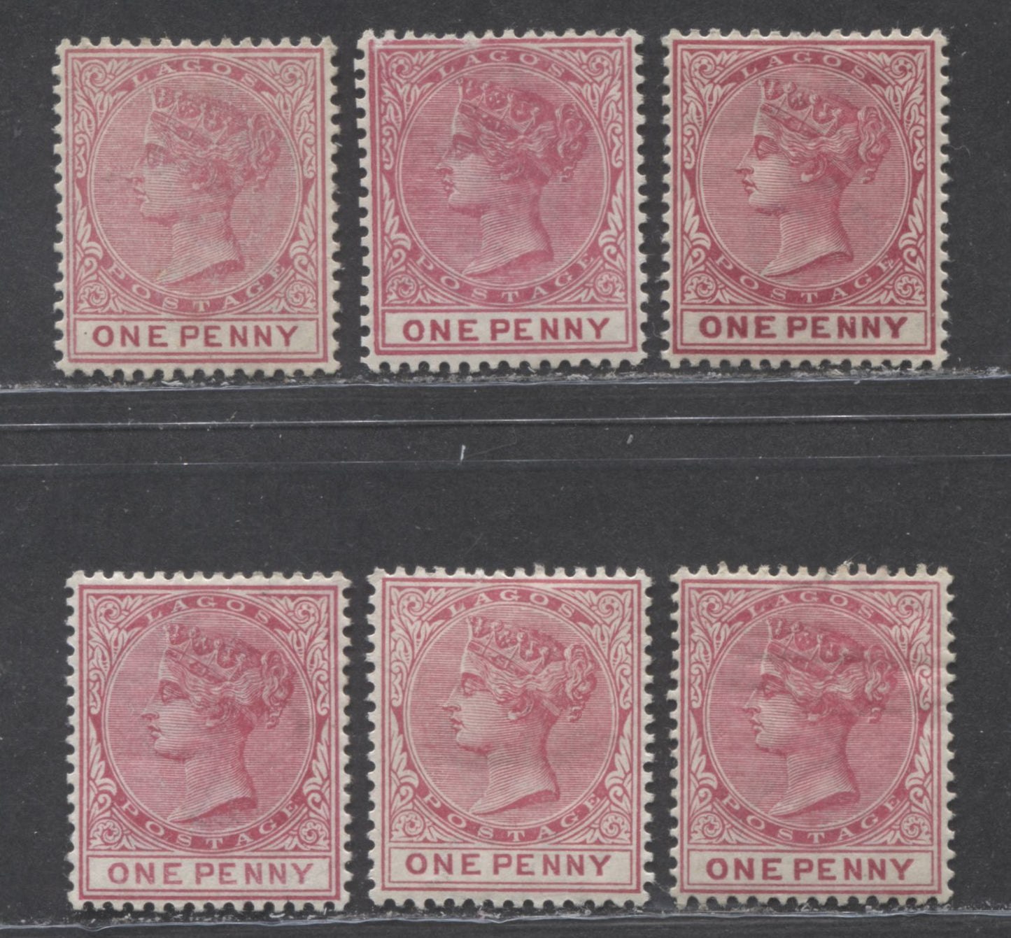 Lot 261 Lagos SG#22 (SC#15) 1d Carmine, Queen Victoria, 1884-1886 Second Crown CA Watermarked Issue, A Mint Group of Six Mid Period Printings, Likely Between 1893 and 1898, 2022 Scott Classic Cat. $13.50 USD For The Commonest Printings