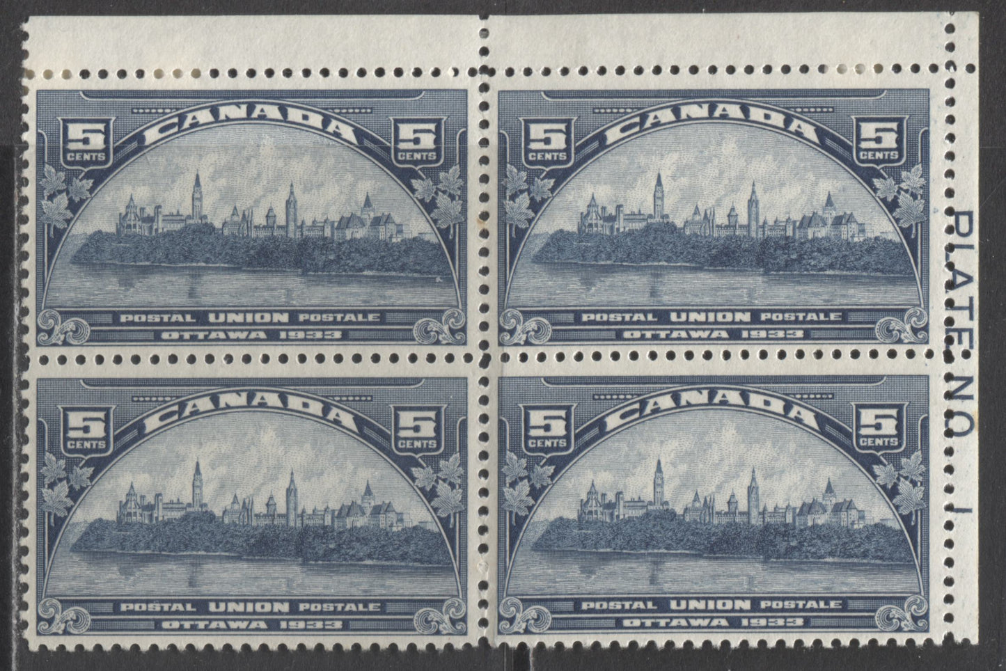 Lot 261 Canada #202 5c Dark Blue Parliament Building, 1933 UPU Meeting Issue, A VFLH UR Plate 1 Block Of 4