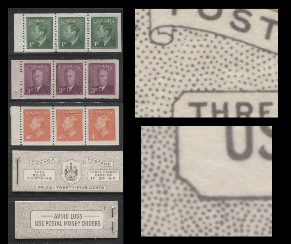 Lot 410 Canada #BK44 1949-1953 Postes-Postage Issue Complete 25c English Booklet Containing 1 Pane of 3 of Each of the 1c Green, 3c Rose Purple and 4c Orange King George VI Harris Front Cover Type IVd , Back Cover Iiv