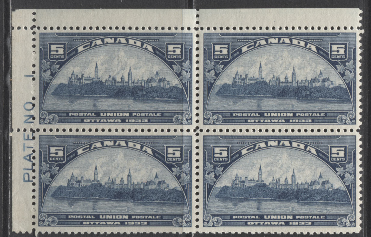 Lot 262 Canada #202 5c Dark Blue Parliament Building, 1933 UPU Meeting Issue, A VFNH/LH UL Plate 1 Block Of 4