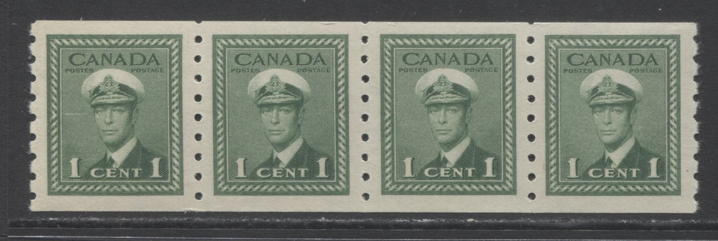 Lot 262 Canada #263 1c Green King George VI, 1942-1943 War Issue Coils, A VFNH Coil Strip Of 4 On Horizontal Wove Paper With Cream Gum, Perf 8 Vertical