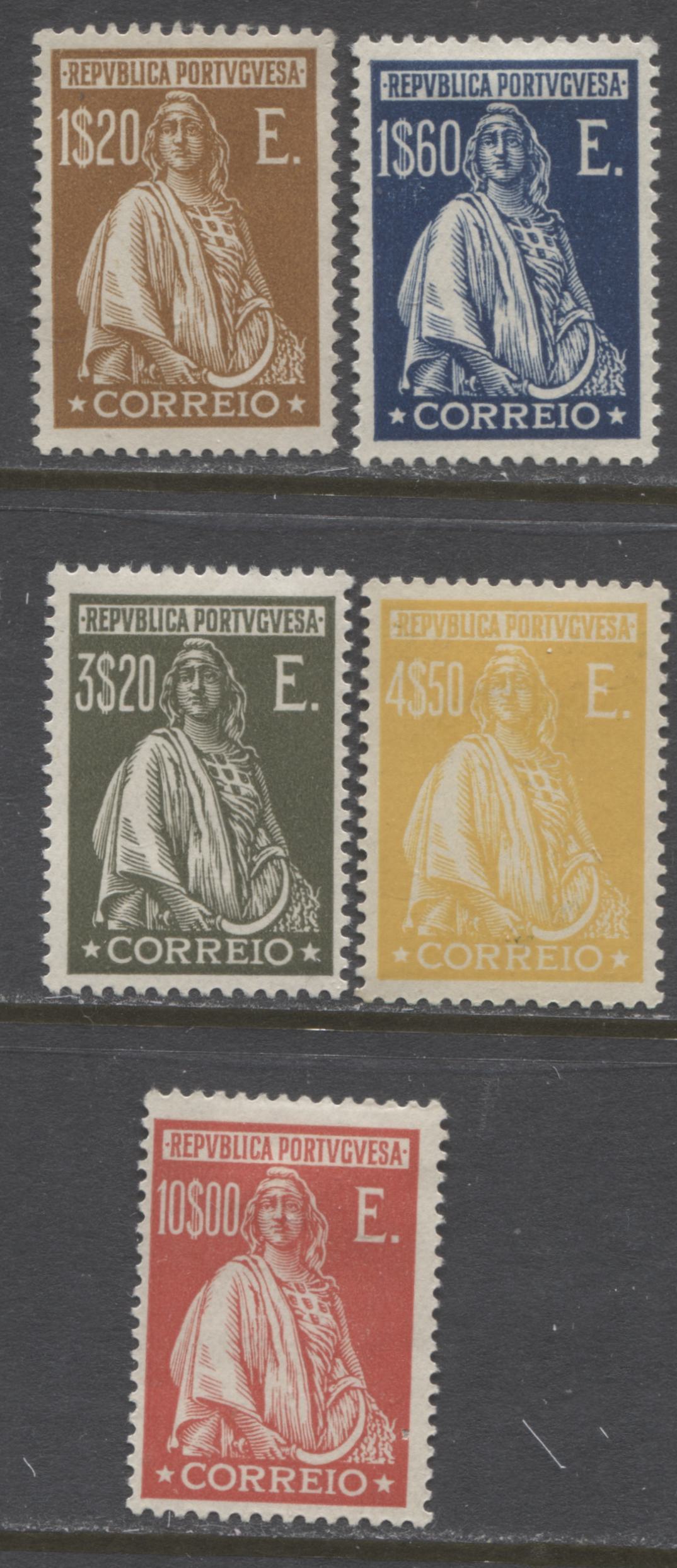 Lot 148 Portugal SC#415-416, 418-419, 421 1926 Ceres Definitive Issue Without Imprints, A Mostly VF Partial Set From 1.2e to 10e, 2022 Scott Classic Cat $29.25 USD
