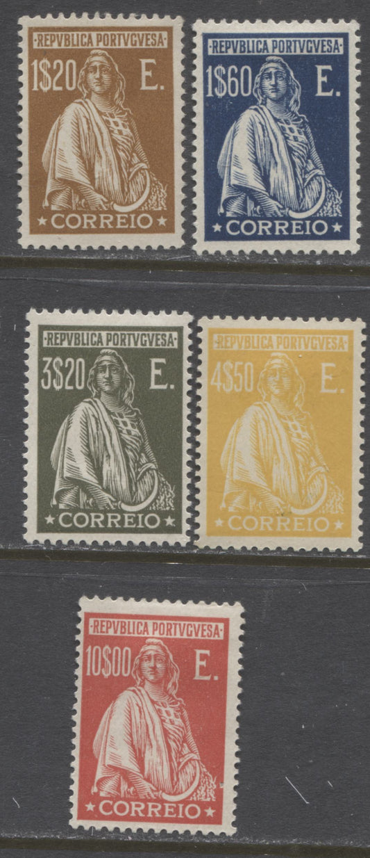 Lot 148 Portugal SC#415-416, 418-419, 421 1926 Ceres Definitive Issue Without Imprints, A Mostly VF Partial Set From 1.2e to 10e, 2022 Scott Classic Cat $29.25 USD