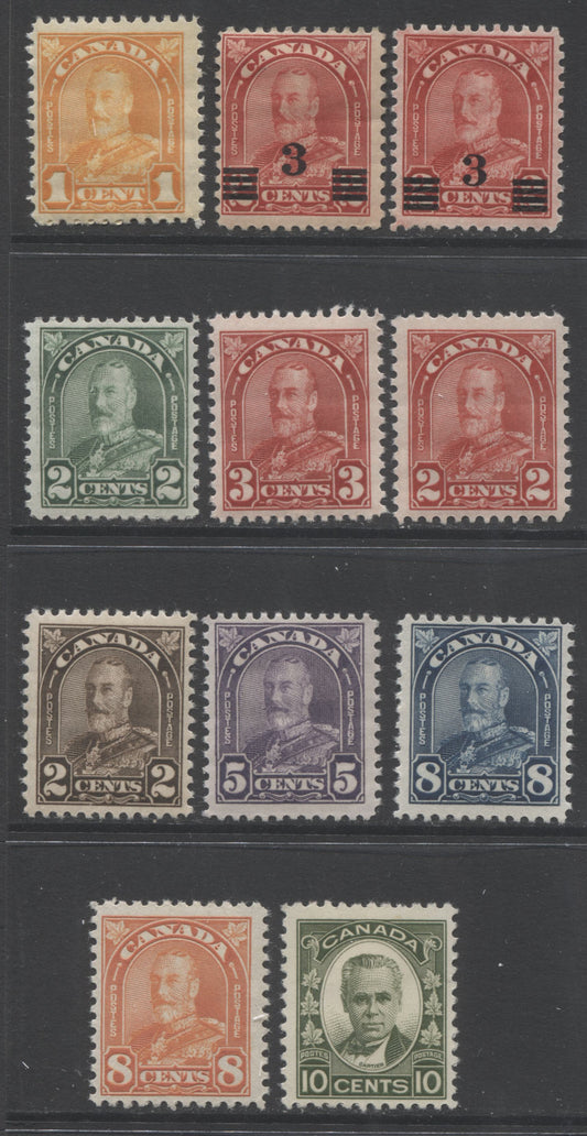 Lot 262 Canada #162/190 1c - 10c Orange - Olive Green King George V & George-Etienne Cartier, 1930-1935 Arch/Leaf Issue, 11 Fine OG Singles