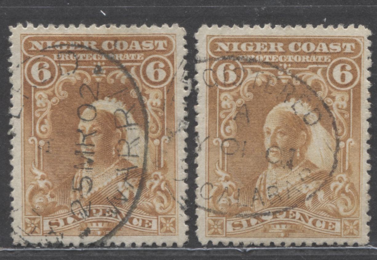 Lot 262 Niger Coast SC#60(SG#71a) Six Pence Yellow Brown Two Shades 1897 - 1898 Watermarked Issue, Perf 13.5 - 14, A Fine - Very Fine Used Example, Click on Listing to See ALL Pictures, 2022 Scott Classic Cat. $20 USD