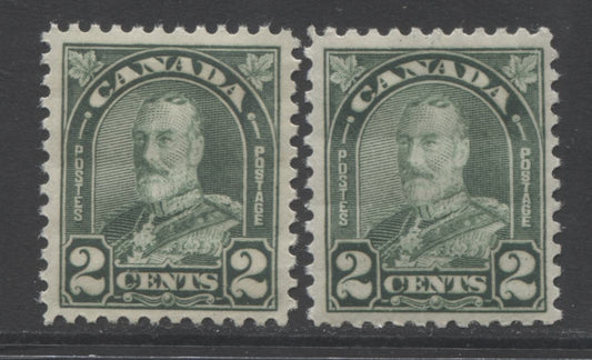 Lot 263 Canada #164 2c Dull Green King George V, 1930-1935 Arch/Leaf Issue, 2 VFNH Singles, 2 Shades