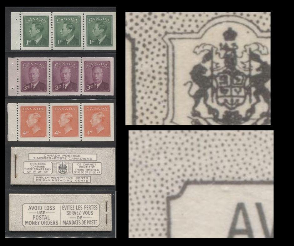 Lot 263A Canada #BK44 1949-1953 Postes-Postage Issue Complete 25c Bilingual Booklet Containing 1 Pane of 3 of Each of the 1c Green, 3c Rose Purple and 4c Orange King George VI Harris Front Cover Type VIh , Back Cover Lx