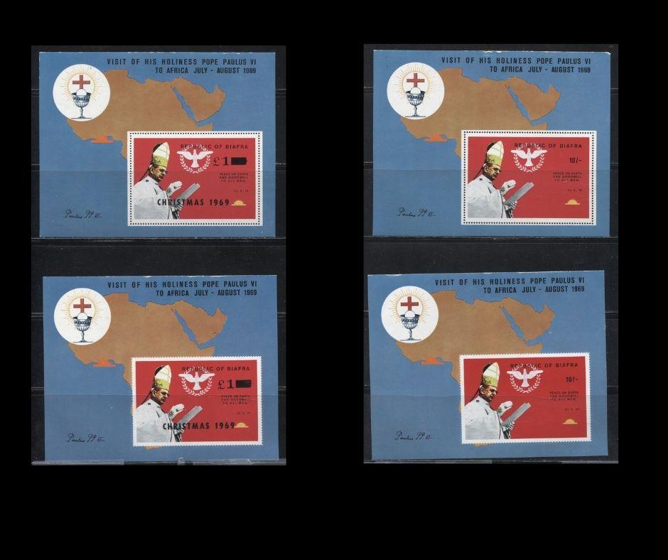 Lot 263 Nigeria - Biafra Unlisted 1969 Pope Paul VI Visit to Africa 4 Perf and Imperf Souvenir Sheets With and Without 1969 Christmas Overprints, Fine NH