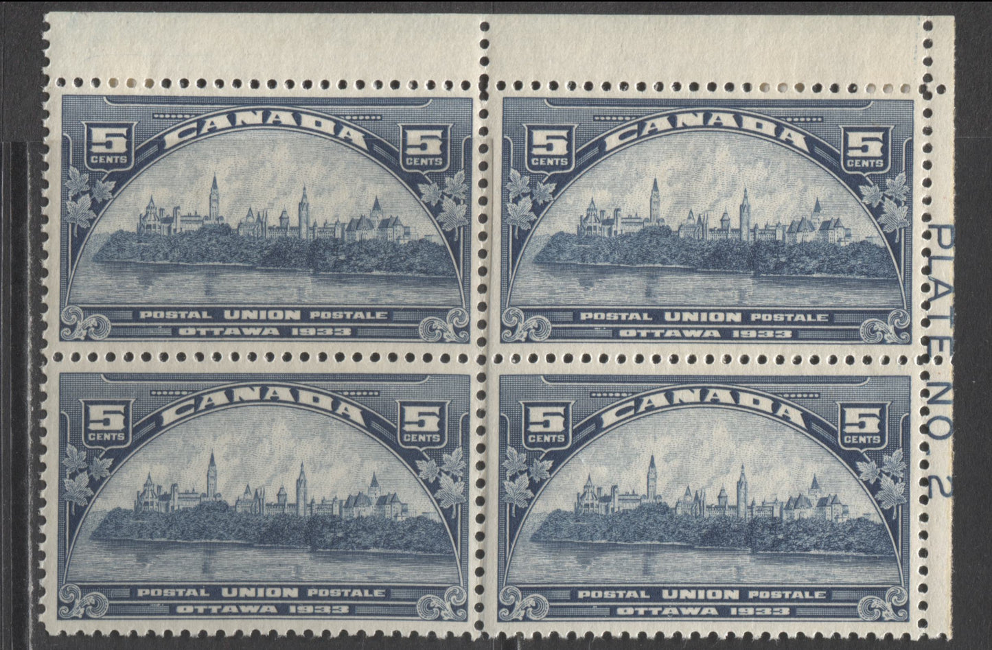 Lot 264 Canada #202 5c Dark Blue Parliament Building, 1933 UPU Meeting Issue, A VFNH UR Plate 2 Block Of 4