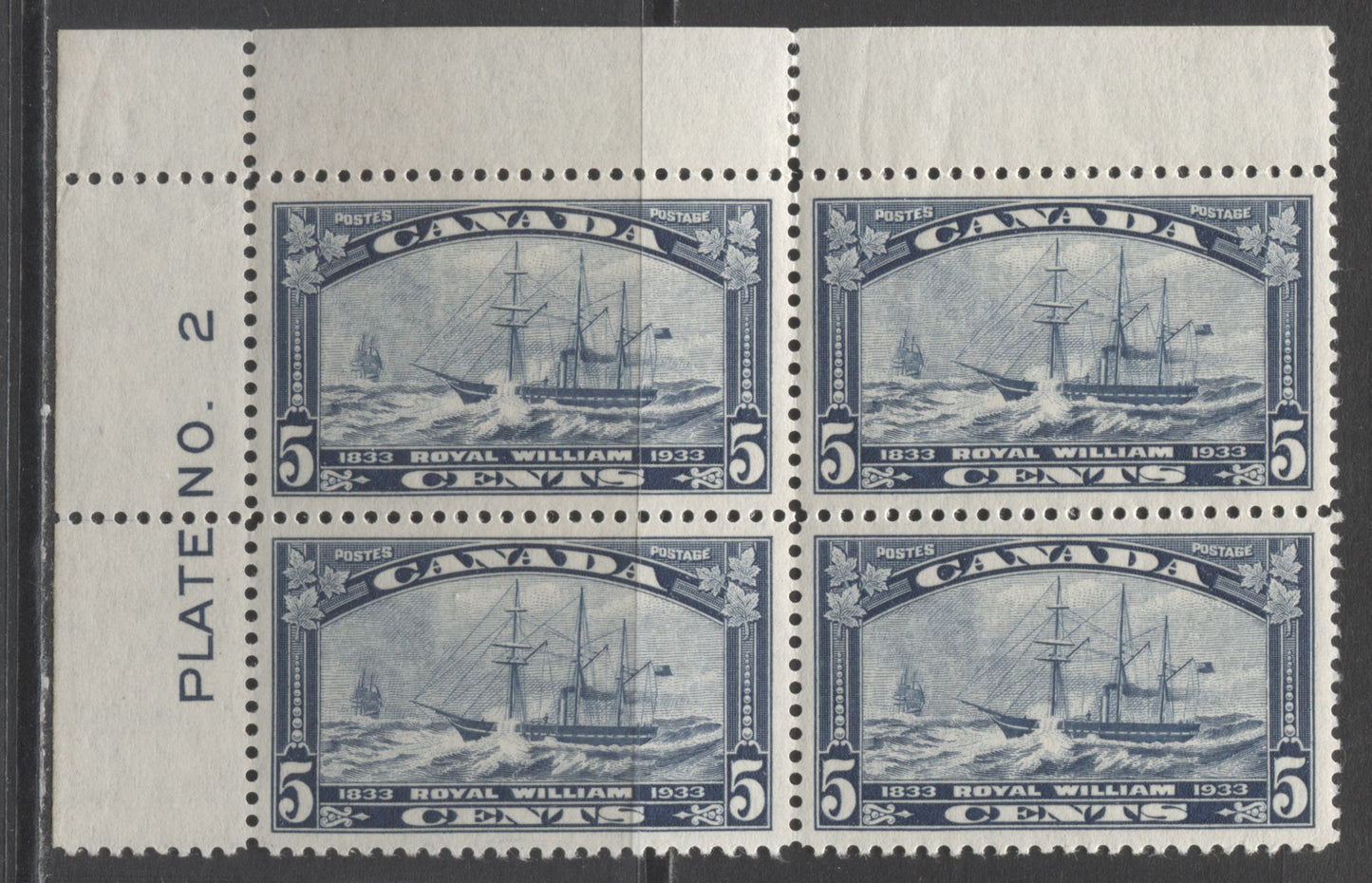 Lot 265 Canada #204 5c Dark Blue Royal William, 1933 Royal William Issue, A VFNH UL Plate 2 Block Of 4