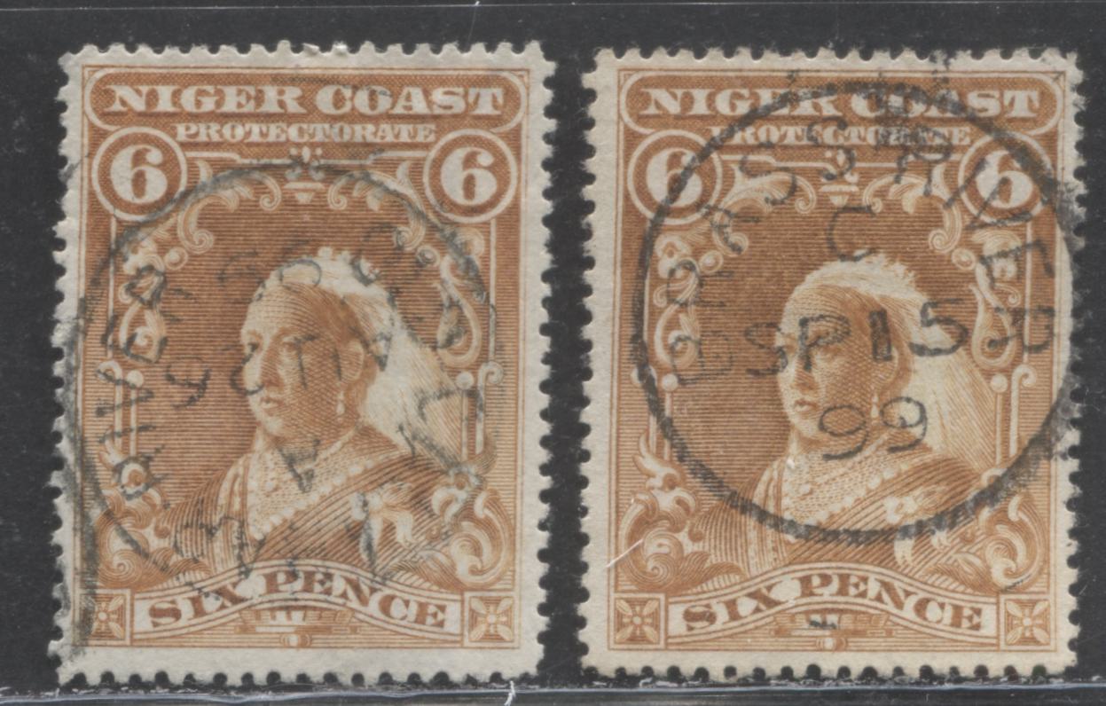 Lot 265 Niger Coast SC#60(SG#71) Six Pence Orange Yellow Brown Two Shades 1897 - 1898 Watermarked Issue, , A Fine - Very Fine Used Example, Click on Listing to See ALL Pictures, 2022 Scott Classic Cat. $20 USD