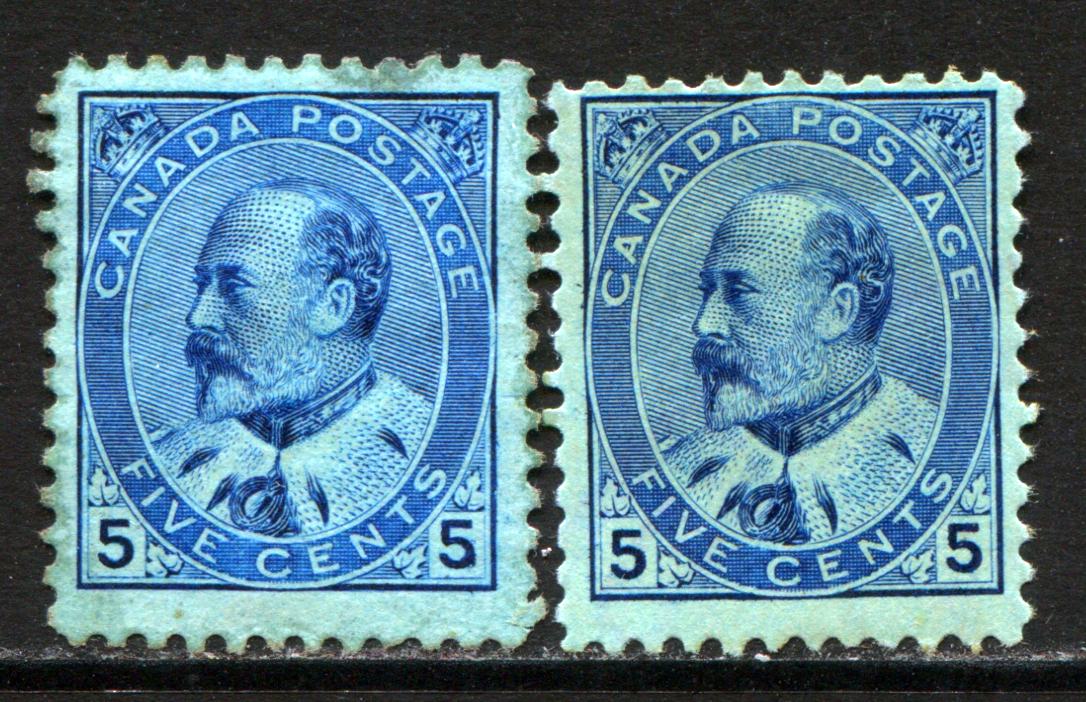 Lot 265 Canada #91, 91i 5c Blue & Indigo King Edward VII, 1903-1908 King Edward VII Issue, 2 Fine OG and Part OG Singles On Different Papers