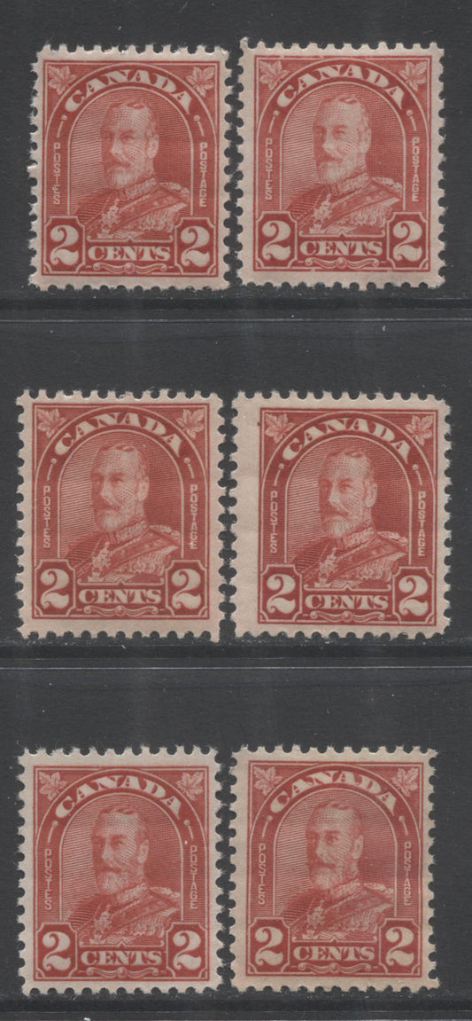 Lot 265 Canada #165-a 2c Deep Red King George V, 1930-1935 Arch/Leaf Issue, 6 VFNH Singles, Dies 1 & 2, Different Shades and Gum Types