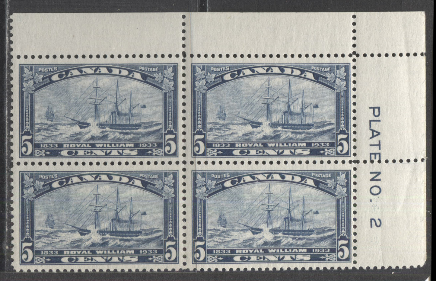 Lot 266 Canada #204 5c Dark Blue Royal William, 1933 Royal William Issue, A FNH UR Plate 2 Block Of 4