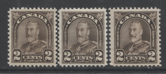Lot 266 Canada #166-b  2c Dark Brown King George V, 1930-1935 Arch/Leaf Issue, 3 VFNH Singles, Dies 1 & 2, Different Shades