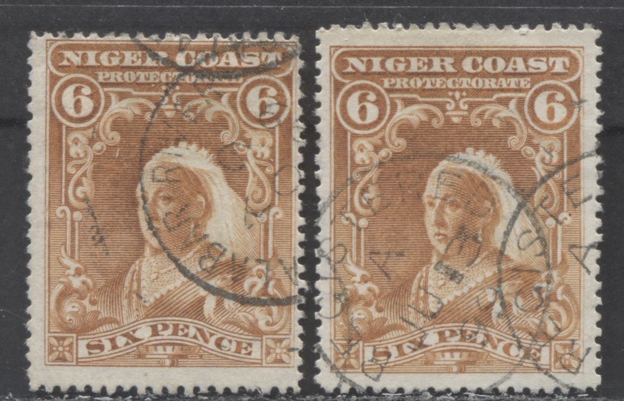 Lot 266 Niger Coast SC#60(SG#71) Six Pence Orange Yellow Brown 1897 - 1898 Watermarked Issue, Perf 14.5 - 15, A Fine - Very Fine Used Example, Click on Listing to See ALL Pictures, 2022 Scott Classic Cat. $20 USD
