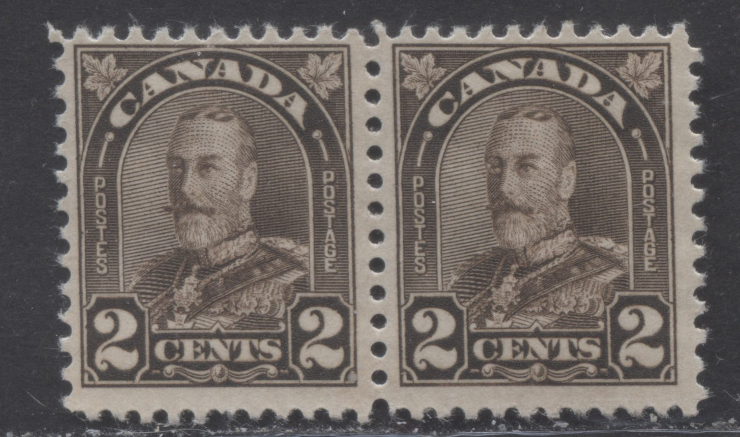 Lot 266 Canada #166i 2c Dark Brown King George V, 1930-1931 Arch/Leaf Issue, A FOG Pair, With The Extended Moustache Variety, Plate 8 LR Pos. 65