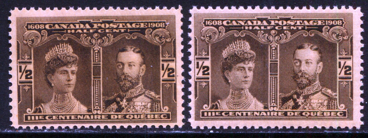 Lot 266 Canada #96 1/2c Black Brown Prince & Princess Of Wales, 1908 Quebec Tercentenary Issue, 2 Fine NH Singles, Two Close Shades Of The Black Brown