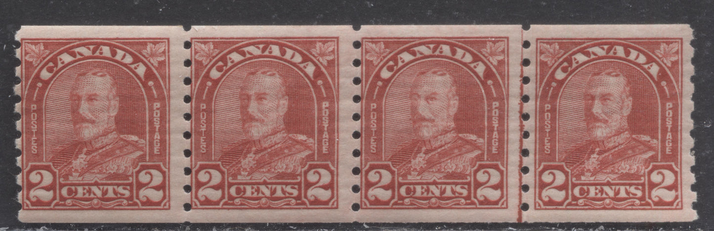 Lot 267 Canada #181iii 2c Deep Red King George V, 1930-1931 Arch/Leaf Coil Issue, A FNH/LH Coil Strip Of 4, With The Cockeyed King Variety