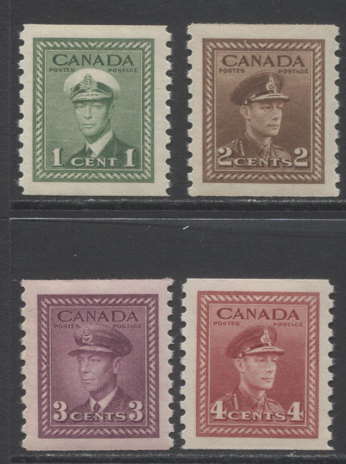 Lot 267 Canada #278-281 1c-4c Green - Dark Carmine King George VI, 1948 War Issue Coils, 4 VFNH Coil Singles With Different Papers & Gums, Perf 9.5 Vertical