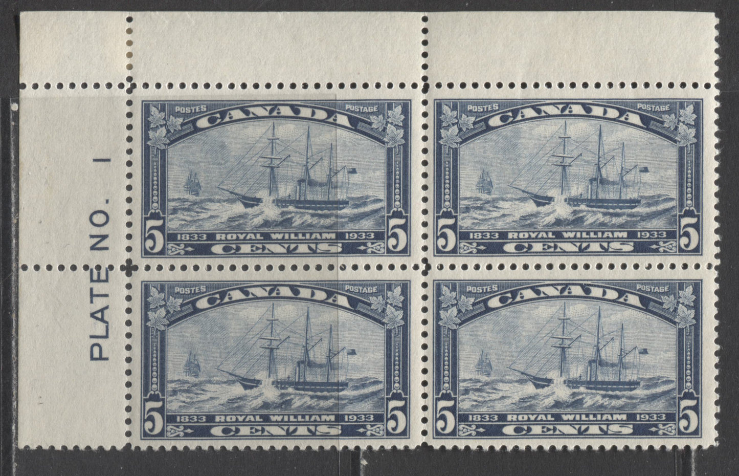 Lot 267 Canada #204 5c Dark Blue Royal William, 1933 Royal William Issue, A FNH UL Plate 1 Block Of 4, Minor Offset On Gum