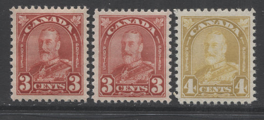 Lot 268 Canada #167-168 3c & 4c Deep Red & Yellow Bistre King George V, 1930-1931 Arch/Leaf Issue, 3 VFOG Singles, Different Shades